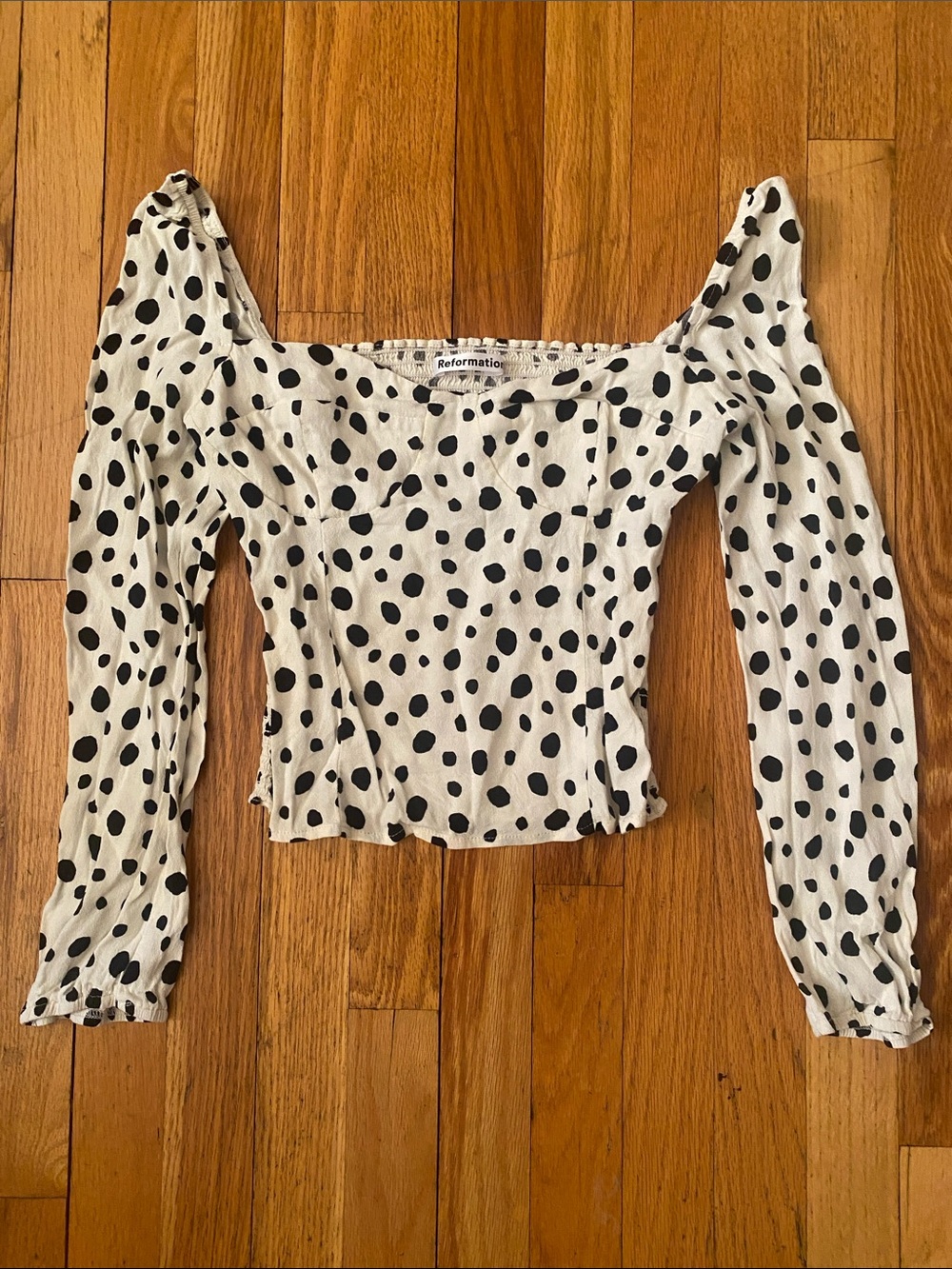 Reformation White & Black Polka Dot Long-Sleeve bralet Blouse Size 6 EUC